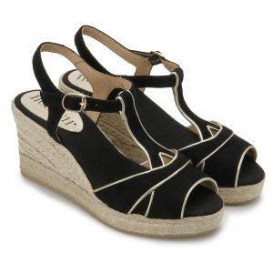 Schwarze Espadrilles Wedges Sandalen aus Veloursleder mit Seil bezogenem Keilabsatz | Untergröße Espadrilles Wedges Sandale Veloursleder mit Seil bezogener Keilabsatz Schwarz Untergroesse