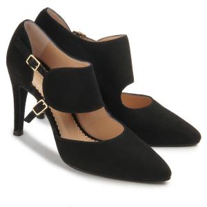 Pumps spitz zulaufende Vorderkappe extravaganter Verschluss Schwarz Untergroesse