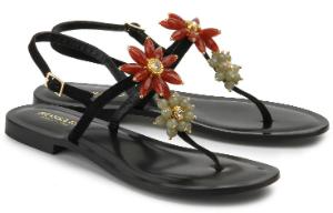 Sandalen Zehentrenner funkelnde Details T-Strap Blumen Schwarz Uebergroesse