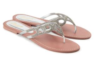Zehentrenner Flats Metallic-Look schmale Riemchen Strassbesatz Silber Uebergroesse