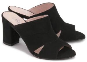 Pantoletten aus Leder mit offener Front und Blockabsatz | Schwarz | Damenschuhe in Übergröße Pantoletten aus Leder mit offener Front und Blockabsatz Schwarz Uebergroesse