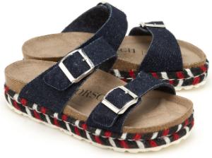 Plateau-Pantoletten aus Jeans & Textil mit Fußbett aus Naturkork + verstellbarer Dornschließe | Übergröße Plateau Pantoletten mit anatomischem Fussbett aus Naturkork und verstellbarer Dornschliesse Jeans Textil Uebergroesse
