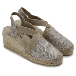 Espadrilles Kombination aus Glanz-Leine und Bast-Plateauabsatz Silber Uebergroesse