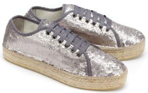 Espadrilles-Sneaker mit Pailletten besetzt Bast-Plateau-Absatz Silber Untergroesse
