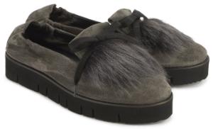 Kennel Schmenger Ballerinas Haferlasche Lammfell Schleifenapplikation Uebergroesse Grau