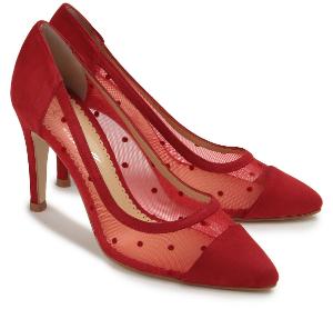 Pumps aus transparentem Material mit Veloursleder-Punkten und Pfennigabsatz Rot Untergroesse