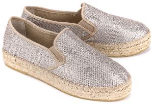 Slip-On Espadrilles Metallic-Look Plateausohle mit Bast-Verzierung Beige Silber Uebergroesse