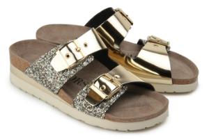 Goldene Pantoletten aus Leder und Glitter im Metallic-Look mit zwei Riemen | Farbe: Gold | Untergröße Pantoletten Leder Glitter Metallic-Look 2 Riemen Gold Untergroesse