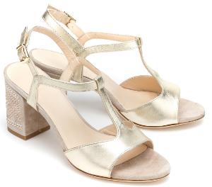 Goldene Sandalen in Untergröße mit metallisch beschichtetem Leder & Blockabsatz mit Strass-Steinen | Farbe: Gold Sandalen metallisch beschichtetes Leder Blockabsatz mit Strass-Steinen Gold Untergroesse