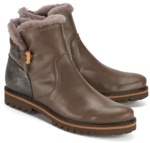 Boots mit Fellkragen in Uebergroessen Leder Lammfell Taupe Braun