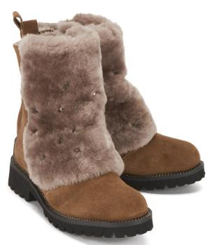Boots mit Warmfutter in Untergroessen Veloursleder Echtfellbesatz und Steinchen-Applikation Beige Braun