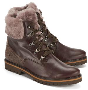 Schnuer-Boots in Uebergroessen Leder Lammfell Braun