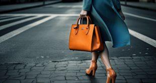 Frau in Schuhen mit hohen Absätzen und mit blauem Mantel
