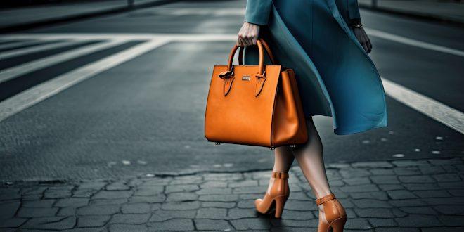 Frau in Schuhen mit hohen Absätzen und mit blauem Mantel