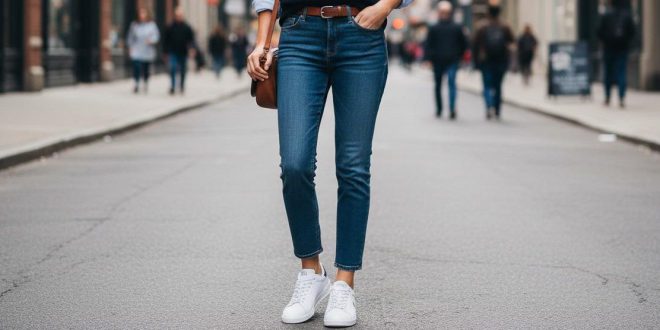 Junge Frau trägt weiße Ralph Lauren Sneaker mit Jeans und blauem Pullover in urbaner Umgebung