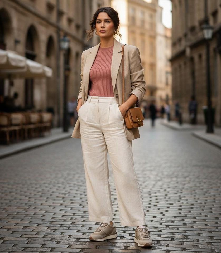 Junge Frau trägt Ralph Lauren Sneaker mit beiger Hose, lachsfarbenem Top und beigem Blazer in urbanem Setting