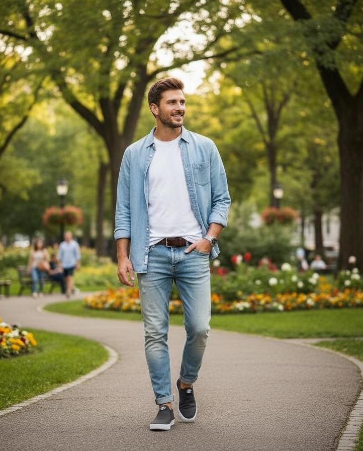 Timberland Slip On in Übergrößen | Junger Mann trägt Timberland Slip Ons mit Casual Outift aus Jeans, T-Shirt und Hemd in einem Park